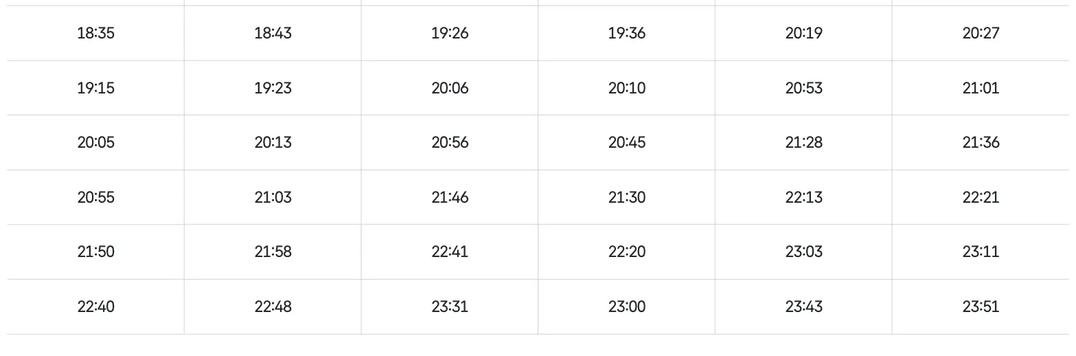 The bottom of the same AREX Express weekday timetable. The final row reads 22:40, 22:48, 23:31, 23:00, 23:43, 23:51, and the table border closes underneath it