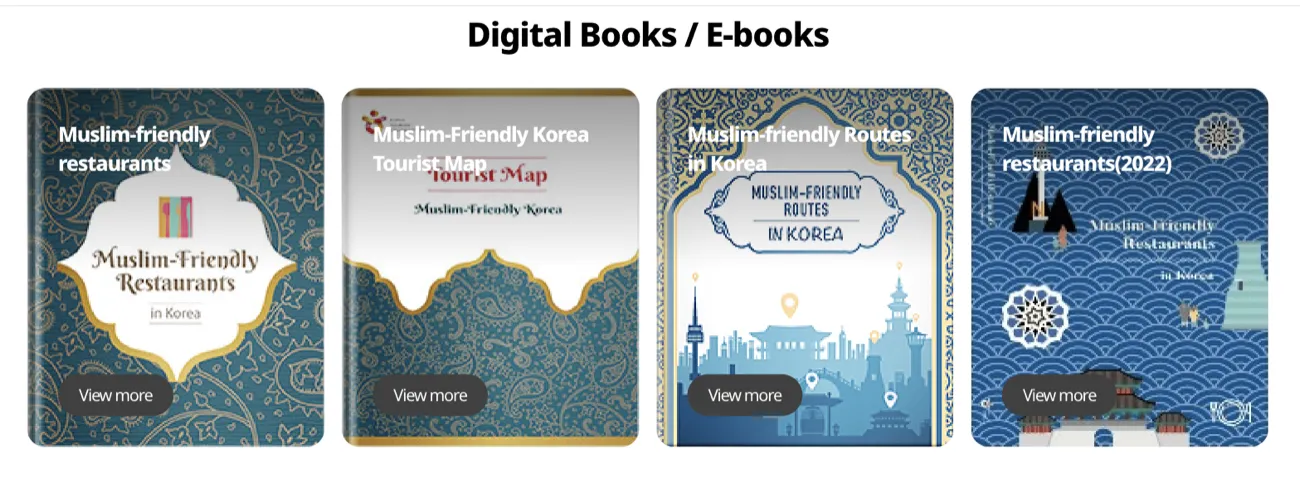 The downloads row at the foot of the same page, four e-book cards side by side: Muslim-friendly restaurants, Muslim-Friendly Korea Tourist Map, Muslim-friendly Routes in Korea, and Muslim-friendly restaurants(2022). Only the fourth card carries a year