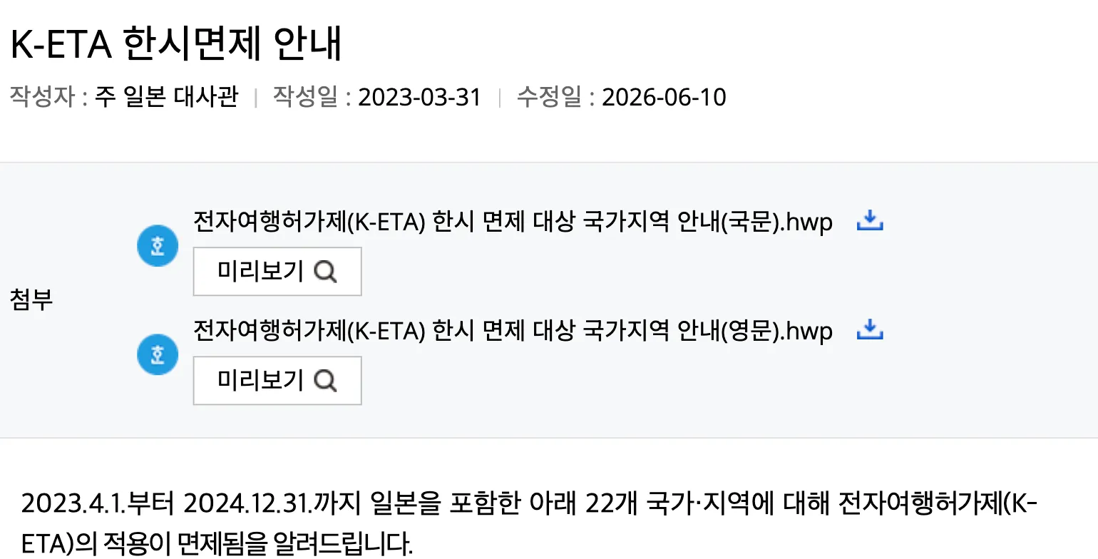 The Tokyo embassy's K-ETA notice. Its header line reads written 2023-03-31, edited 2026-06-10. The body sentence below says the exemption runs from 1 April 2023 to 31 December 2024
