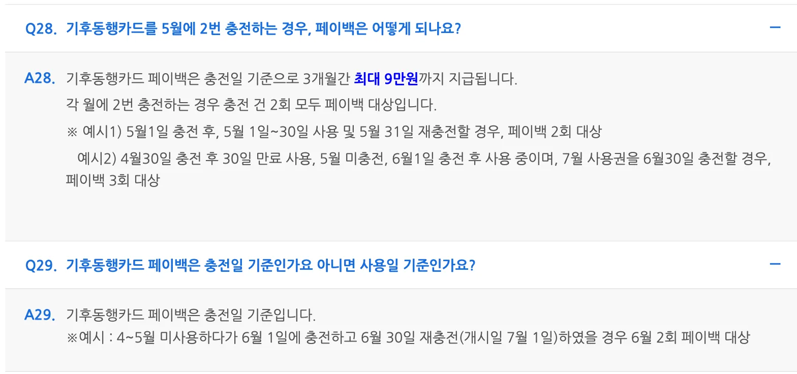 Questions 28 and 29 of Seoul's Climate Card payback FAQ, expanded. Answer 28 states the payback is reckoned by charge date, up to 90,000 won over three months, and that two charges in one month both qualify, with two worked examples. Answer 29 states plainly that the payback goes by charge date, not by use date, with an example in which two charges inside June pay twice