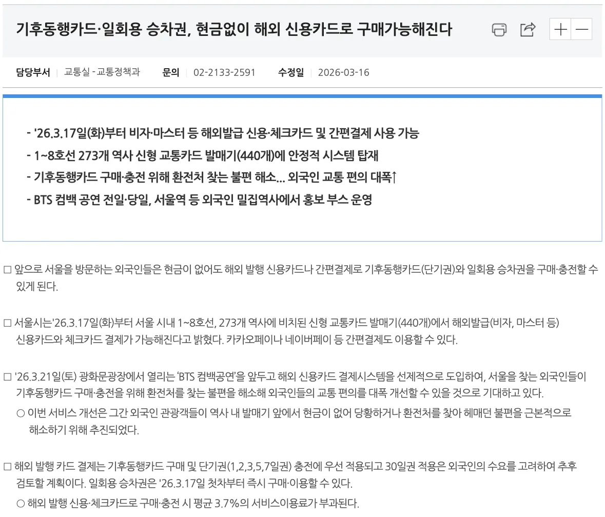 Seoul Metropolitan Government's notice on foreign card payment at subway ticket machines, last revised 16 March 2026. Its bullets say new ticket machines are installed at 440 units across 273 stations on lines 1 to 8, that the launch was brought forward for the BTS comeback concert on 21 March 2026, that overseas cards apply first to single-journey tickets and the Climate Card's 1, 2, 3, 5 and 7-day short passes with the 30-day pass to be reviewed later, and that an average service fee of 3.7% applies
